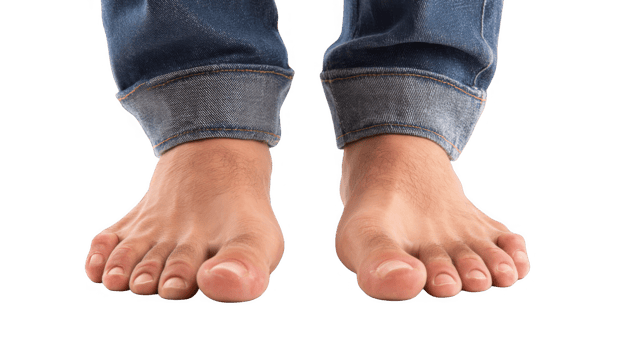 Man showing bare feet wearing jeans on transparent background png