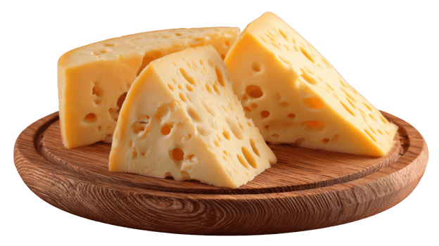Maasdam cheese slices arranged on wooden platter with transparent background png