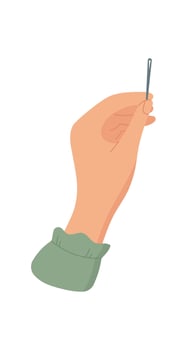 Hand hold needle, cartoon dressmaking tool design, doodle sewing craft decoration object, fashion supplies element, flat embroidery accessories illustration, vector