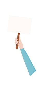 Woman hand hold banner, human show up revolution placard, woman holds empowerment sign, hand raise strike poster, people hold support banner, man holding protest flag, vector