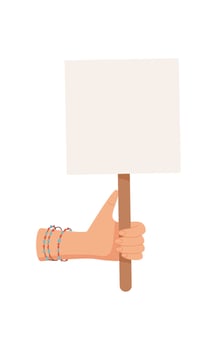 Human hand holds banner, human hold revolution sign, people raise support board, person parade demonstration signboard, woman holds empowerment poster, right activist show up protest placard, vector