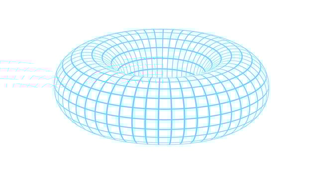 Geometric 3d mesh donut, 90s retro trendy grid pattern structure illustration, cyber tech geometry 3d wireframe figure graphic, vaporwave abstract mesh shape object. vector