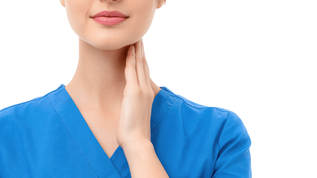 Nurse gently touching her neck on a transparent background png