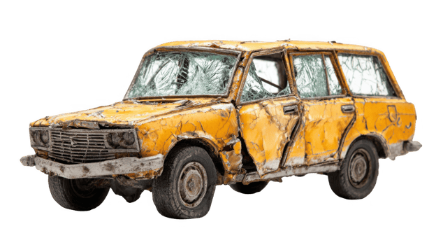 Weathered yellow car with smashed windows on transparent background png