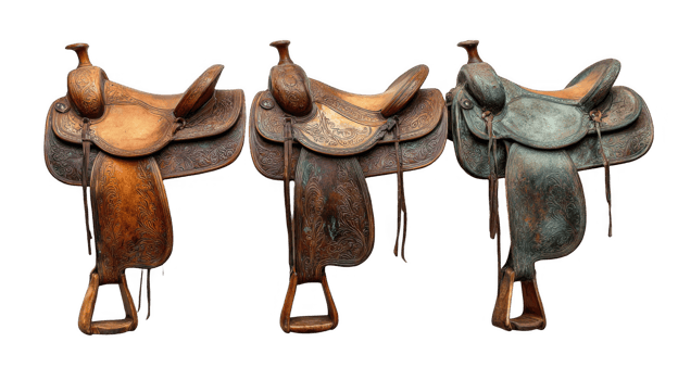 Three leather saddles showing different stages of wear and tear on transparent background png