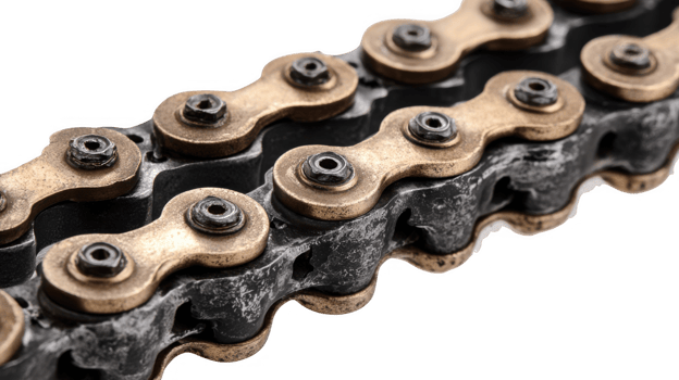 Shiny bicycle chain overlapping metal gear on transparent background png