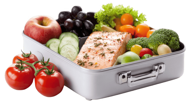 Lunchbox containing salmon, vegetables and fruits promoting healthy eating habits png