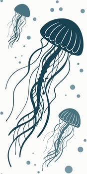 Two jellyfish with long tentacles and some bubbles on a white background, art, minimalist vector