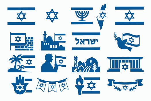 israel flag icons set, including the flag of israel, the flag of judaism vector