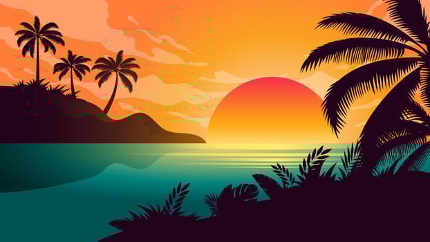 Sunset on beach background, summer banner with beautiful tropical summer evening at lagoon landscape vector