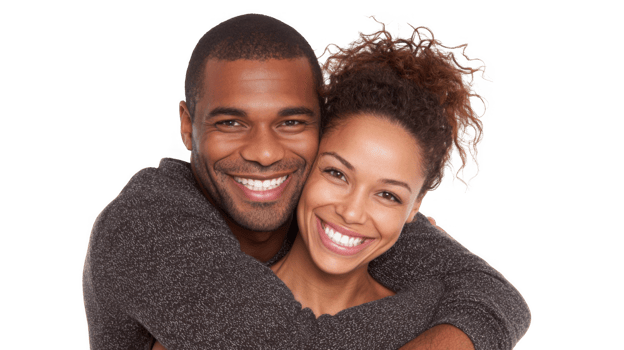 Happy couple embracing and smiling on transparent background png