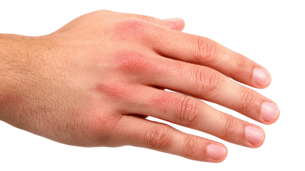 Man showing red rash on hand on transparent background png