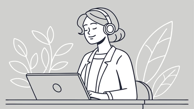 Woman working on laptop with headphones vector