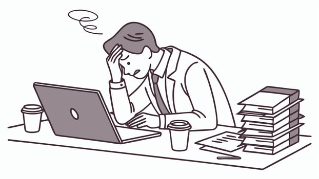 A man sitting at a desk with a laptop and books vector