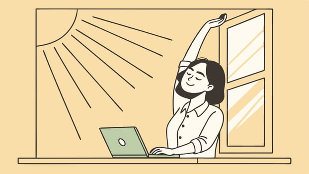 A woman is sitting at a desk with her laptop vector
