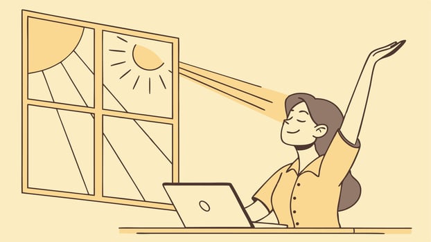 Woman sitting at her desk with laptop and sun shining through window vector