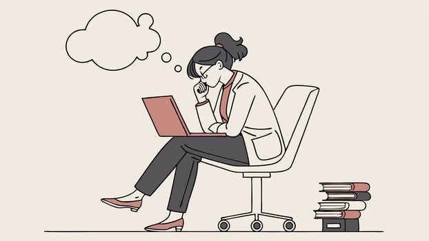 A woman sitting on a chair with a laptop and thought bubble vector