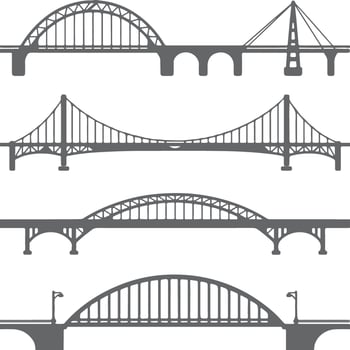 Four Gray Silhouette Bridge Designs Arch Suspension Cable Stay and Steel Truss Structures Architectural Illustrations vector