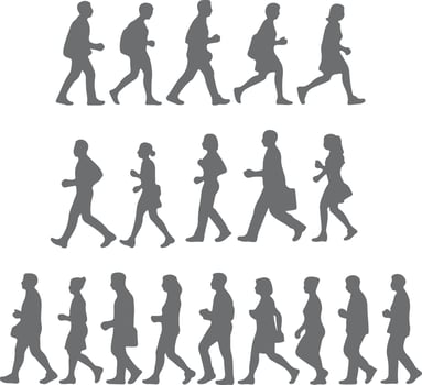 Grey Silhouette People Walking in Sequence Multiple Rows Side Profile View Walking Animation vector