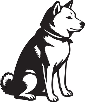 Sitting Japanese spitz dog silhouette, Elegant pet dog black and white sketch vector