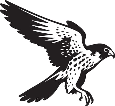 Falcon in flight black white art, Powerful bird flying silhouette design vector