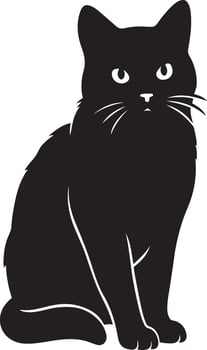 Sitting black cat simple silhouette design, Calm feline illustration black white vector