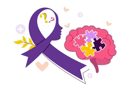 Illustration for World Alzheimer's Day with Elderly Person, Brain Puzzle, and Purple Awareness Ribbon vector