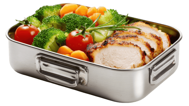 Metal lunchbox holding neatly packed chicken breast, broccoli, carrots and tomatoes with transparent background png