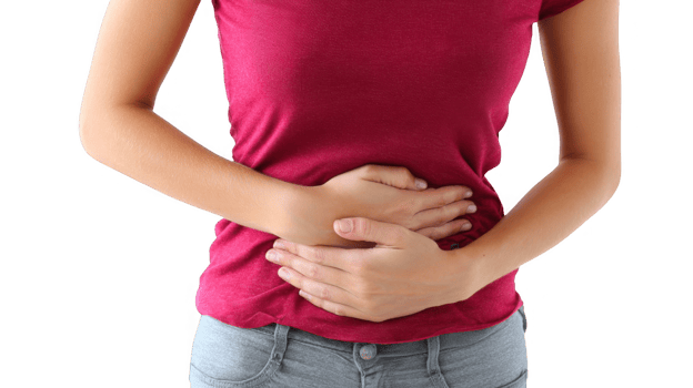 Woman experiencing menstrual cramps with transparent background png