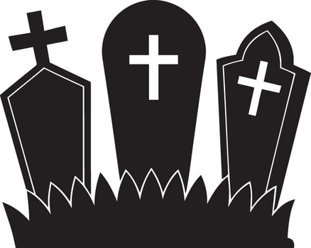 Black and white illustration of three tombstones in a grassy field ready for halloween.eps vector
