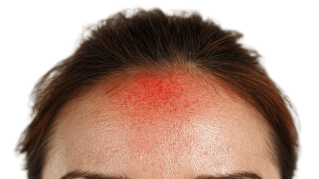 Woman showing red forehead spot on transparent background png