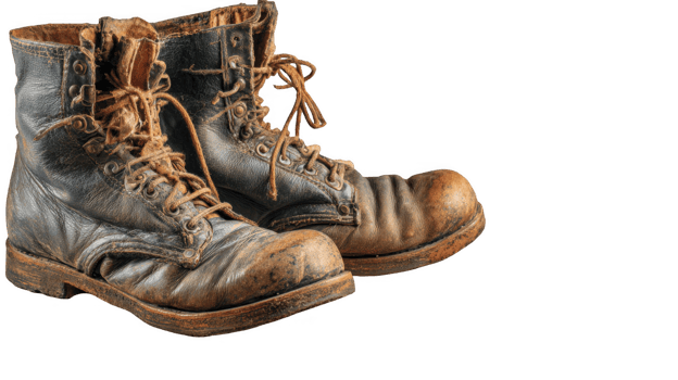 Old leather work boots isolated on transparent background showing signs of wear and tear png