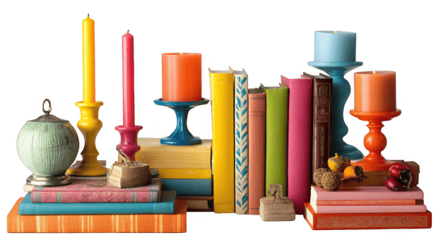 Colorful candles and books creating an eclectic table display on transparent background png