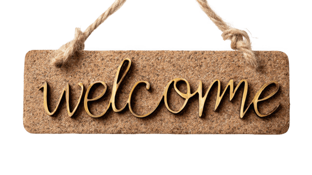Wooden welcome sign hanging with twine on transparent background png