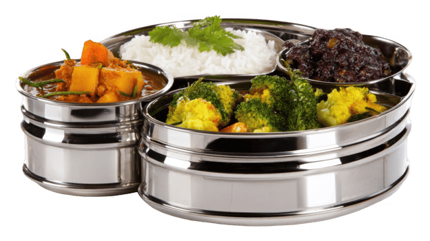 Stainless steel tiffin with indian food on transparent background png