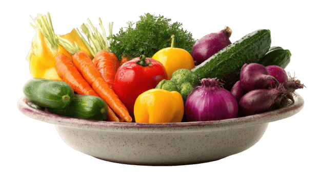 Fresh vegetables overflowing a bowl on transparent background png