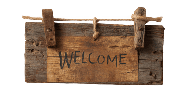 Wooden welcome sign hanging on a rope with transparent background png