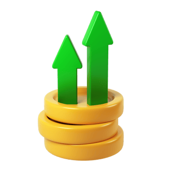icon Green arrows rising from golden coin stack, representing financial growth, investment performance, digital 3d rendering against transparent background png