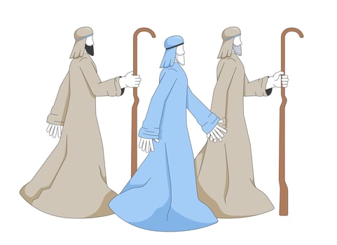Three shepherds on biblical journey in nativity story 2D cartoon bible characters. Middle eastern wise men travelers in ancient robes flat people isolated on white. Spot illustration colorful vector