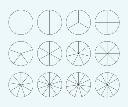 Circumference of a circle. Divided Circles Representing Fractions and Proportions vector