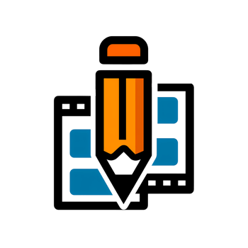 Website design icon featuring a pencil over a layout of blue blocks and black outlines png