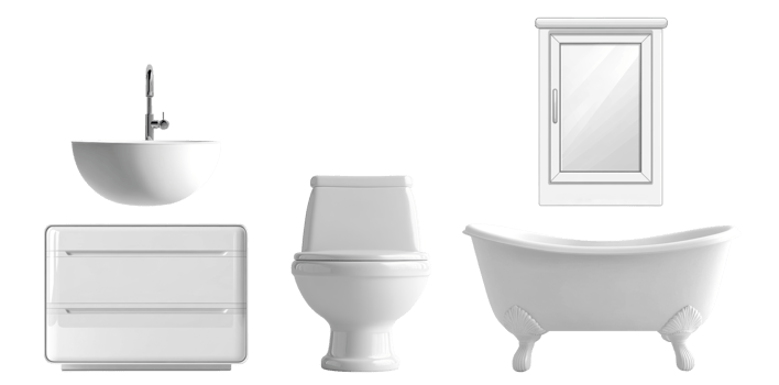 Bathroom furniture set composed by white ceramic bathtub, toilet, sink, cabinet and mirror with modern and minimalist design, interior design projects png