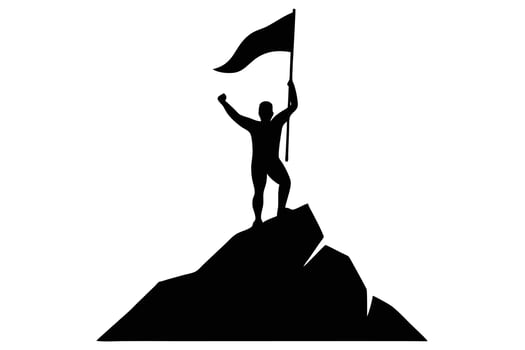 Silhouette Person Reaching Peak, Holding Flag, Victory on Mountain Top, Achievement, Black Shape vector