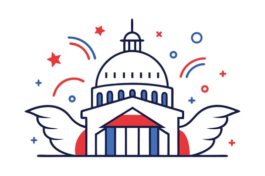 Cartoon Capitol Building with Wings and Patriotic Colors, Red, White, and Blue Icon vector