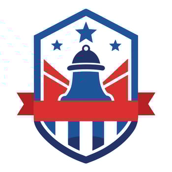 Patriotic Emblem with Liberty Bell Silhouette, Stars, Ribbon, and Shield Design vector
