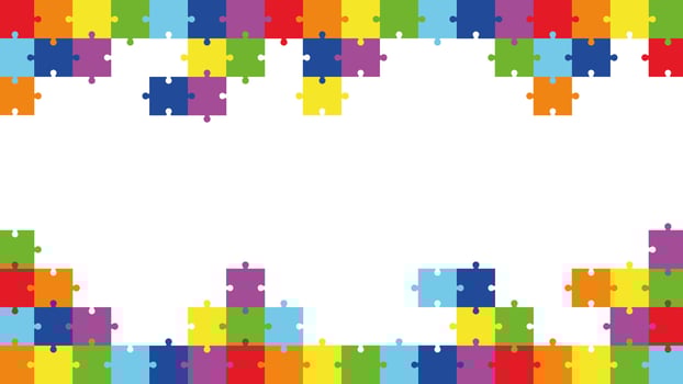 Colorful jigsaw puzzle border background. template with empty space for text. Concept of unity, diversity, autism awareness, connection, teamwork. vector