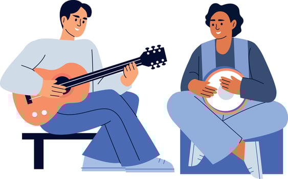 A flat style illustration showing friends strumming guitar vector