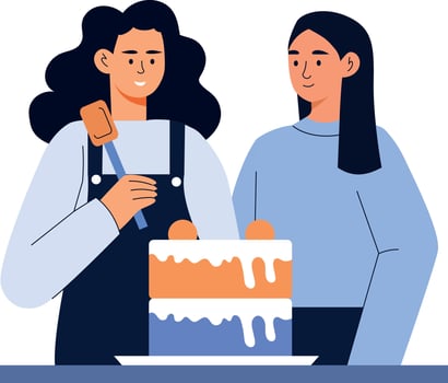 A flat style illustration showing friends enjoying cake decorating vector