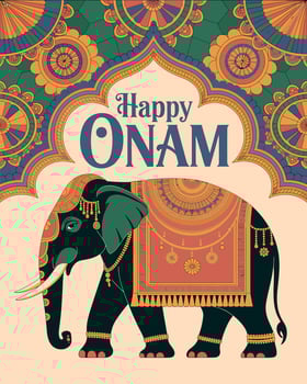 Happy Onam Greeting with Decorated Elephant and Traditional Indian Patterns vector
