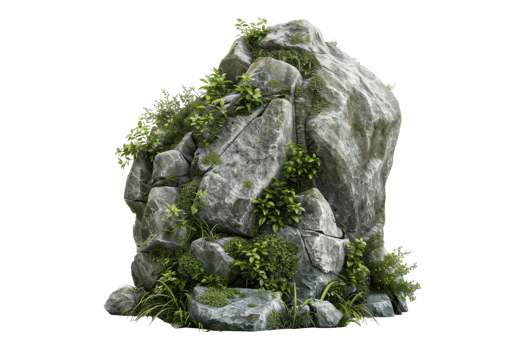 large rocks and overgrown foliage and moss isolated on transparent background png